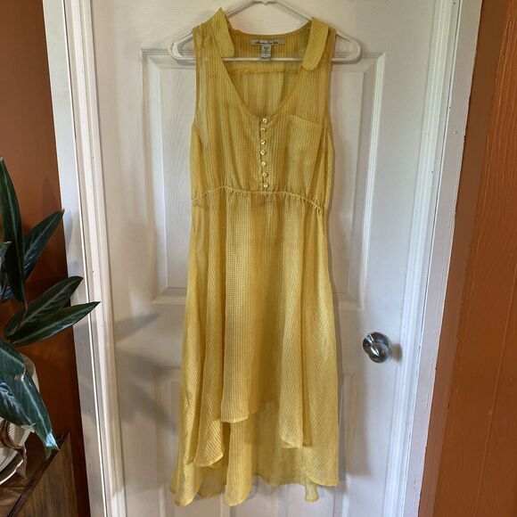 American Rag Dress Women’s Size Large Yellow Checked Sheer Pocket Button Summer - Picture 1 of 11